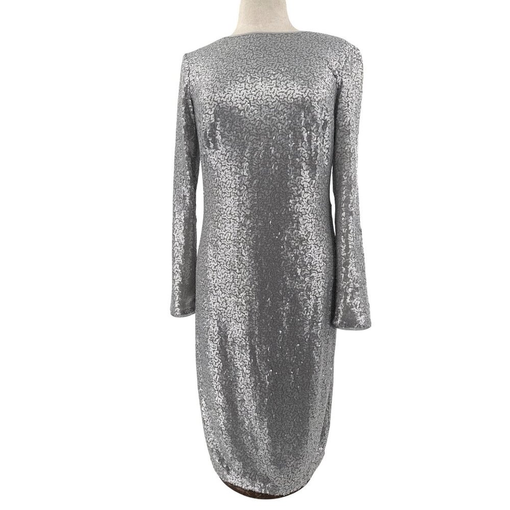 Tadashi‎ Shoji Long-Sleeve Sequined Silver Midi Dress Draped Back Detail Size M